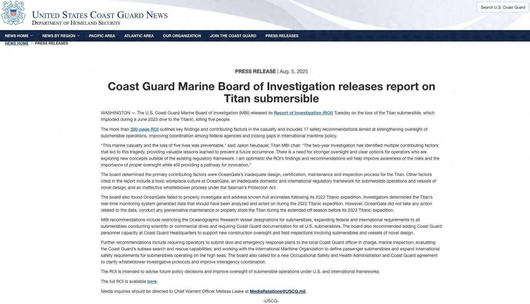 泰坦号潜水器事故最终报告：运营公司存多重致命过失